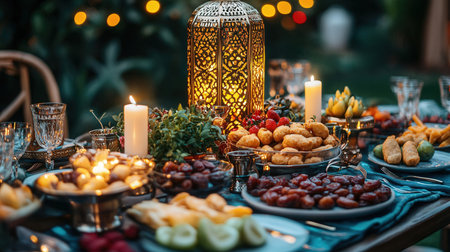 Festive table setting for Ramadan Kareem with dates, nuts, candied fruits and candlesの素材