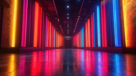 3D rendering of a corridor with neon lights in a dark roomの素材