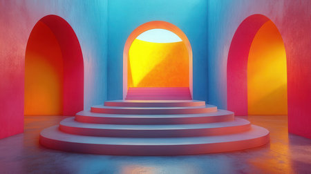 3d rendering of podium with neon light. Futuristic interior design.の素材