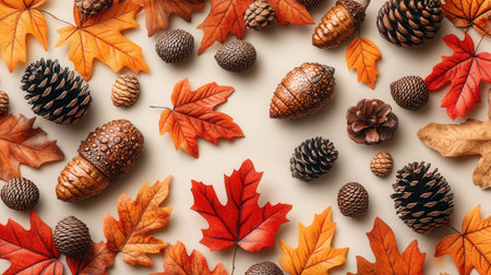 Flat lay composition with autumn leaves and pine cones on beige backgroundの素材