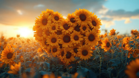 Sunflowers in the shape of a heart on a sunset backgroundの素材