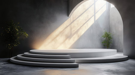 Minimalist scene with round podium and sunlight. 3D renderingの素材