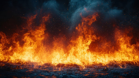 Fire flames on a black background. Fire in the night sky.の素材