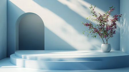 Minimalist scene with white podium and vase with flowers. 3D renderingの素材