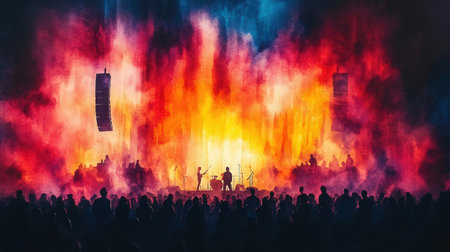 Crowd of people at a concert with a fire and smoke.の素材