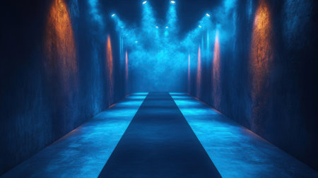 Futuristic illuminated corridor with blue neon lights. 3D renderingの素材