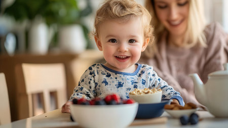 happy mother and baby eating cereals at home together, family breakfastの素材