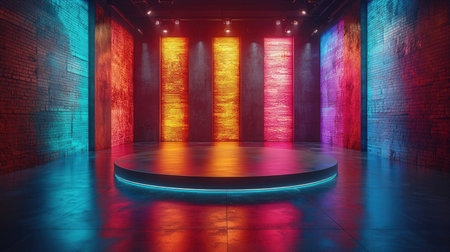3d rendering, Futuristic empty room with neon lights, podium and reflectionsの素材