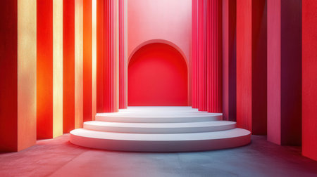 3d rendering of an empty stage with white stairs and red wallの素材