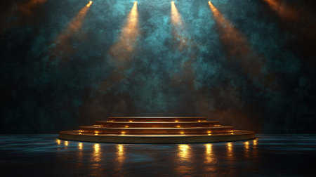 Stage Podium Scene with for Award Ceremony illuminated by spotlight. Award ceremony concept. 3D Renderingの素材