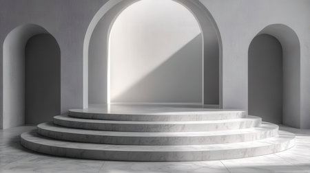 3d rendering of white marble stairs with arch and shadow on the wallの素材