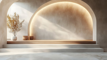 Interior of modern hall with concrete walls, concrete floor, wooden floor and round shelf. 3d renderの素材