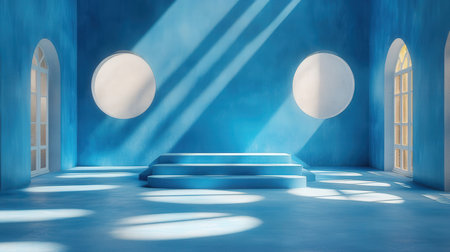 3d rendering of blue empty room with round podium and window.の素材