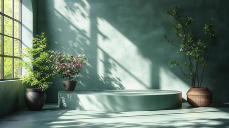 3d rendering of a green podium with plants in a modern interiorの素材