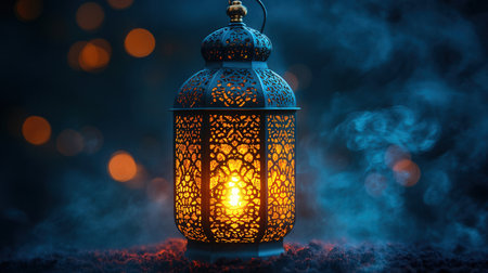 Arabic lantern in the night. Ramadan Kareem concept. 3D Renderingの素材