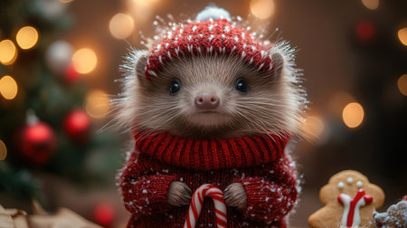 Cute little hedgehog in a hat and scarf on the background of the Christmas tree.の素材