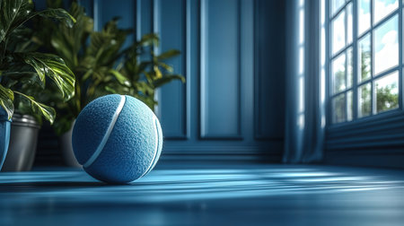 3D rendering of a tennis ball in a room with a large windowの素材