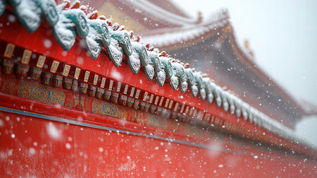 Red chinese temple roof covered with snow during a snowfall.の素材
