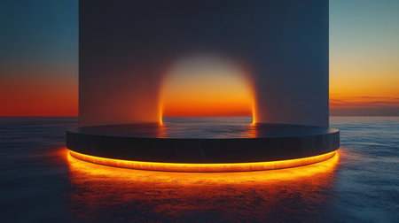 3d rendering of a podium in the sea at sunset. Futuristic backgroundの素材
