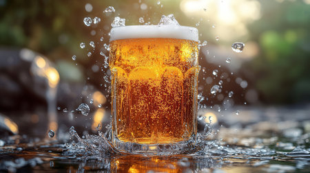 Beer splashing into a glass on a blurred background with bokehの素材