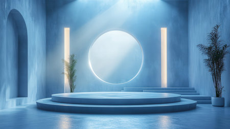 3d render, abstract minimal scene with round podium, neon light, blue concrete wallの素材