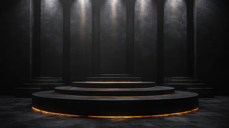 Black podium with lighting, 3d rendering. Computer digital drawing.の素材