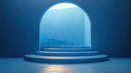 3D rendering of a blue stairway leading to an open doorの素材
