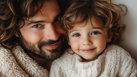 top view of smiling father and daughter in sweaters looking at cameraの素材
