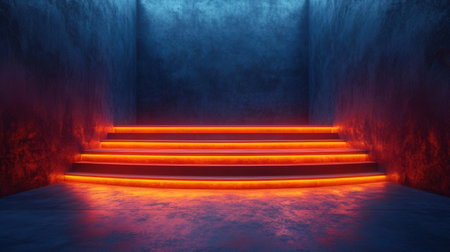 3D rendering of an empty room with neon light and stairs.の素材