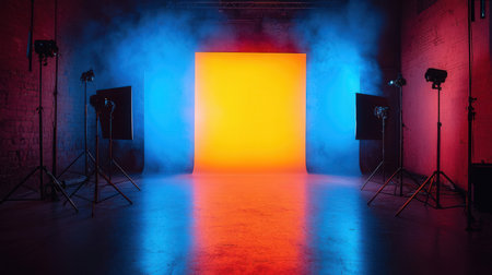 Photo studio with lighting equipment, spotlights and smoke on the backgroundの素材