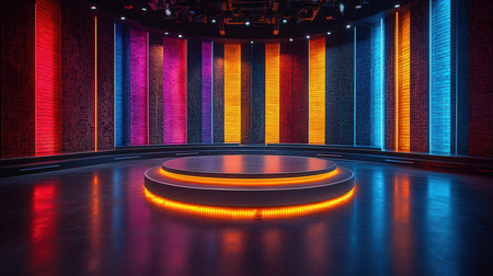 3d render, Futuristic interior with neon lights, empty podiumの素材