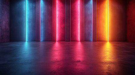 3d rendering of empty room with neon lights on wall and concrete floorの素材