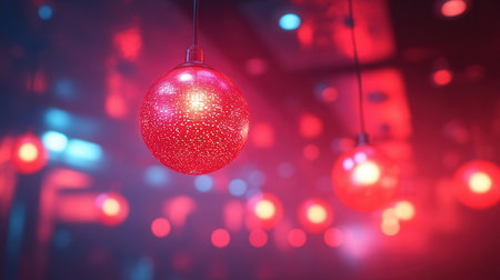 Red christmas ball hanging on the ceiling with colorful bokeh backgroundの素材
