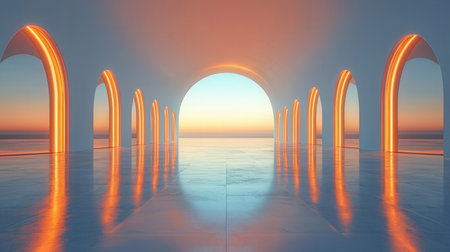 3d render. Futuristic corridor with arches at sunset.の素材