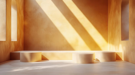 Product display podium in empty room with sunlight and shadows. 3D renderingの素材