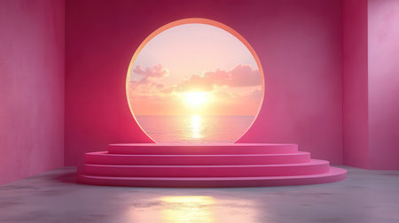 3D render of a round podium on the background of the seaの素材