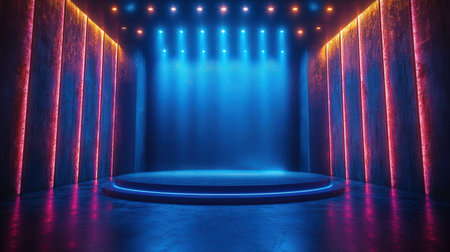 3d rendering, empty stage illuminated with spotlights in a dark room.の素材
