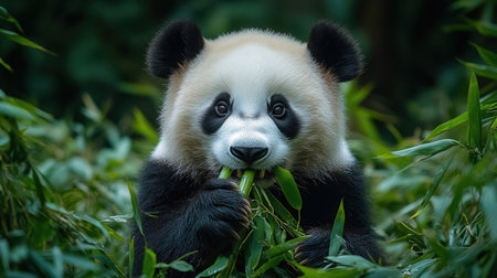 A giant panda eating bamboo leaves in the forest of China.の素材