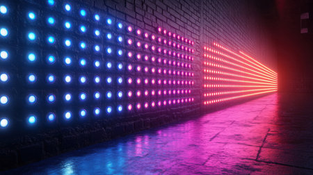 3D rendering of neon lights on a brick wall. Futuristic backgroundの素材