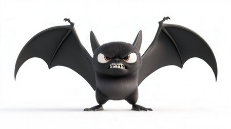 3D rendering of a cute black bat isolated on white background.の素材