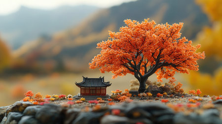 Korean traditional house and autumn tree on the background of mountains.の素材