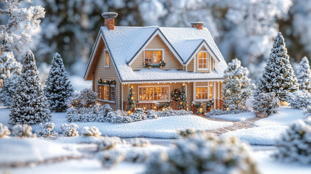 Christmas cottage in the forest in the snow. Christmas and New Year backgroundの素材