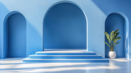 Blue empty room with blue arches and stairs. 3d renderingの素材