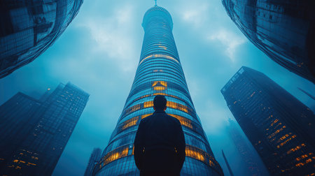 Businessman looking at Shanghai Pudong skyscrapers at nightの素材