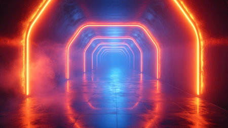 3D abstract background with neon lights. neon tunnel.space construction. 3d illustrationの素材