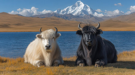 Yaks on the shore of Lake Tekapo, Canterbury, New Zealandの素材