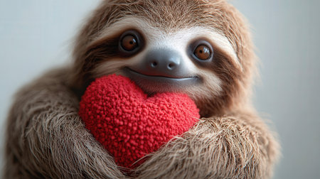 Cute sloth in love with red heart, close up.の素材