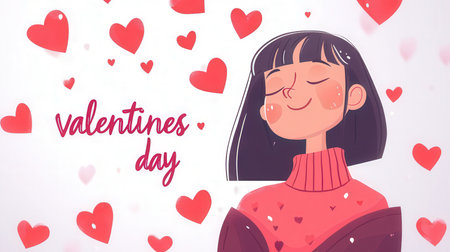 Valentine's day greeting card with cute girl. Vector illustration.の素材