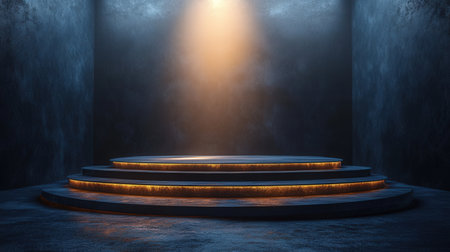 Stage Podium Scene for Award Ceremony illuminated with spotlight. Award ceremony concept. 3D Renderingの素材