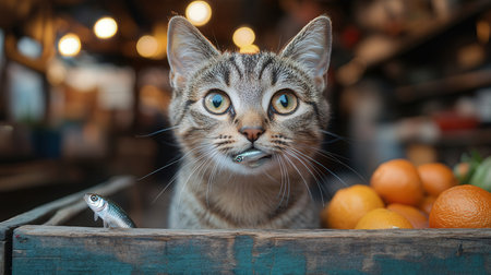 Cute tabby cat with fish in wooden box on blurred background.の素材